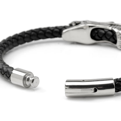 Dragon Head Braided Black Leather Bracelet with Magnetic Closure by Cufflinks.com