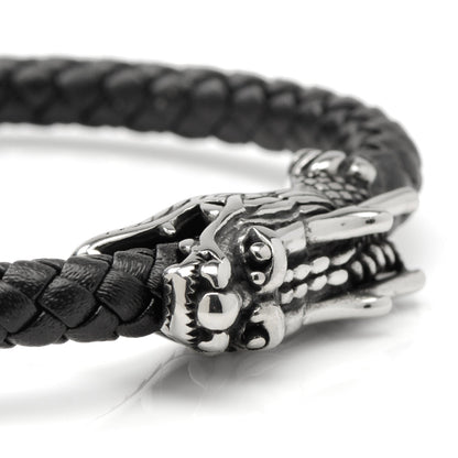 Dragon Head Braided Black Leather Bracelet with Magnetic Closure by Cufflinks.com