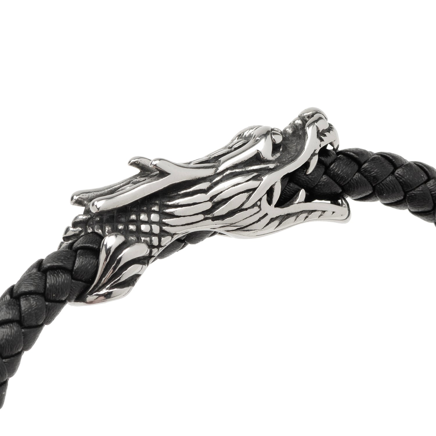 Dragon Head Braided Black Leather Bracelet with Magnetic Closure by Cufflinks.com