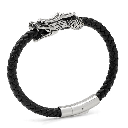 Dragon Head Braided Black Leather Bracelet with Magnetic Closure by Cufflinks.com