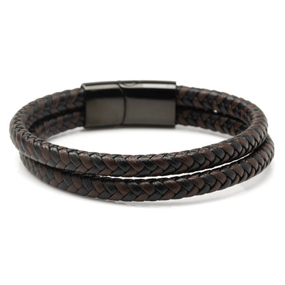 Black and Brown Braided Leather Bracelet with Gunmetal Stainless Steel Magnetic Clasp by Cufflinks.com