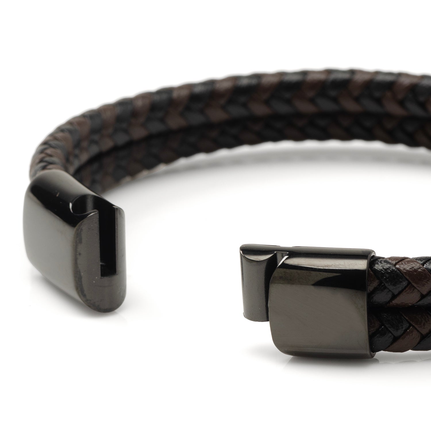 Black and Brown Braided Leather Bracelet with Gunmetal Stainless Steel Magnetic Clasp by Cufflinks.com