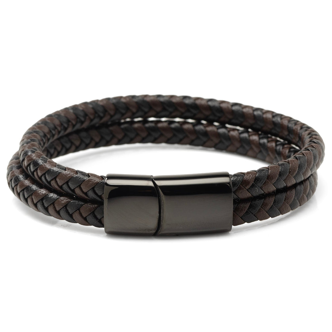 Black and Brown Braided Leather Bracelet with Gunmetal Stainless Steel Magnetic Clasp by Cufflinks.com
