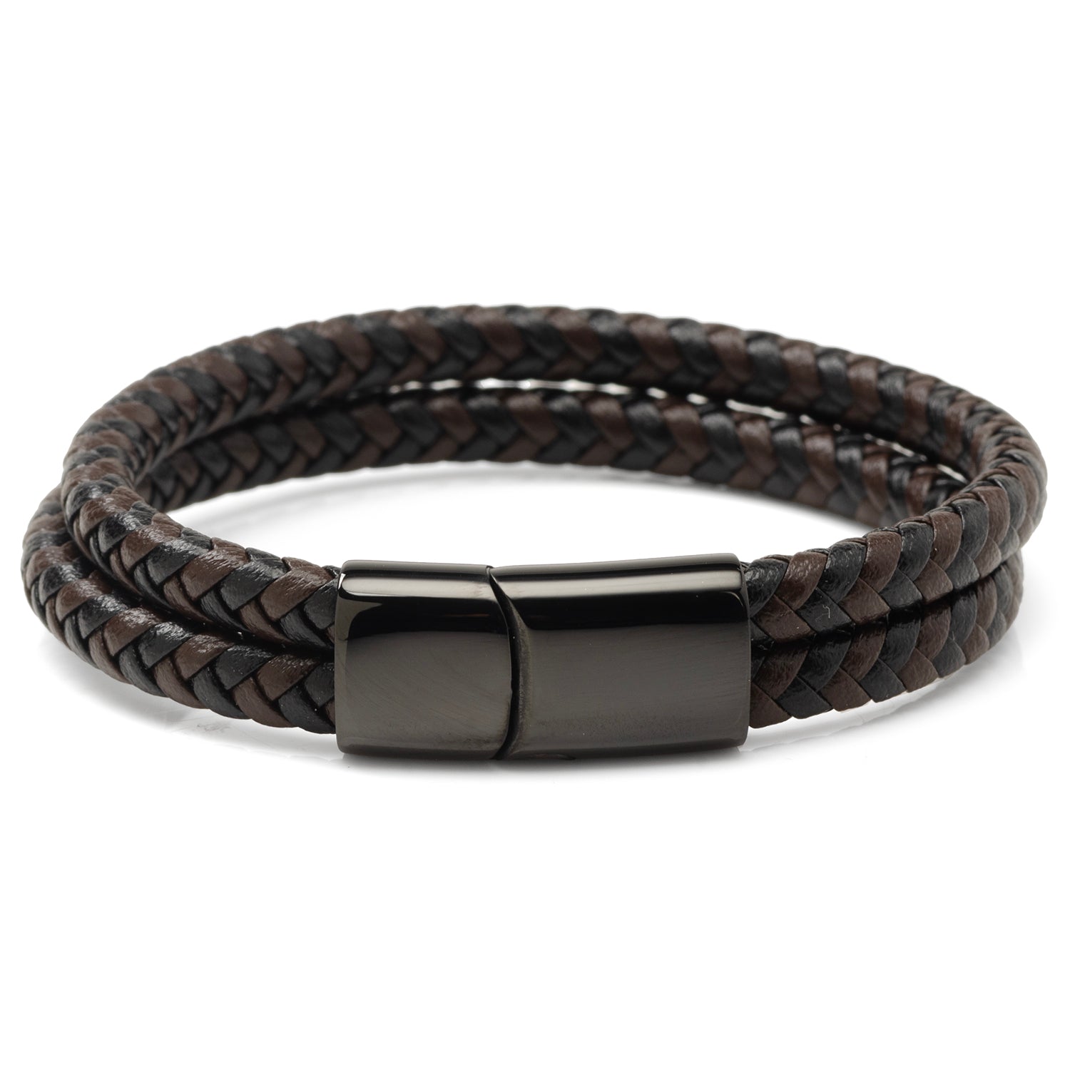 Black and Brown Braided Leather Bracelet with Gunmetal Stainless Steel Magnetic Clasp by Cufflinks.com