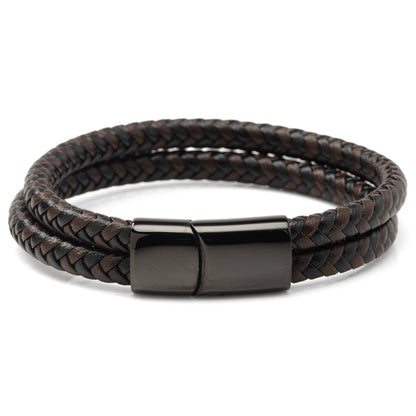 Black and Brown Braided Leather Bracelet with Gunmetal Stainless Steel Magnetic Clasp by Cufflinks.com