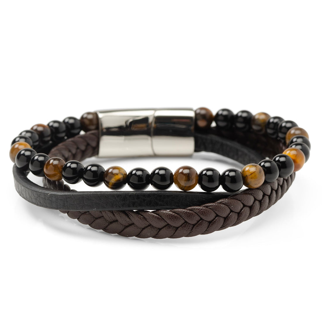 Stainless Steel Stacked Brown Leather Bracelet with Tigers Eye by Cufflinks.com