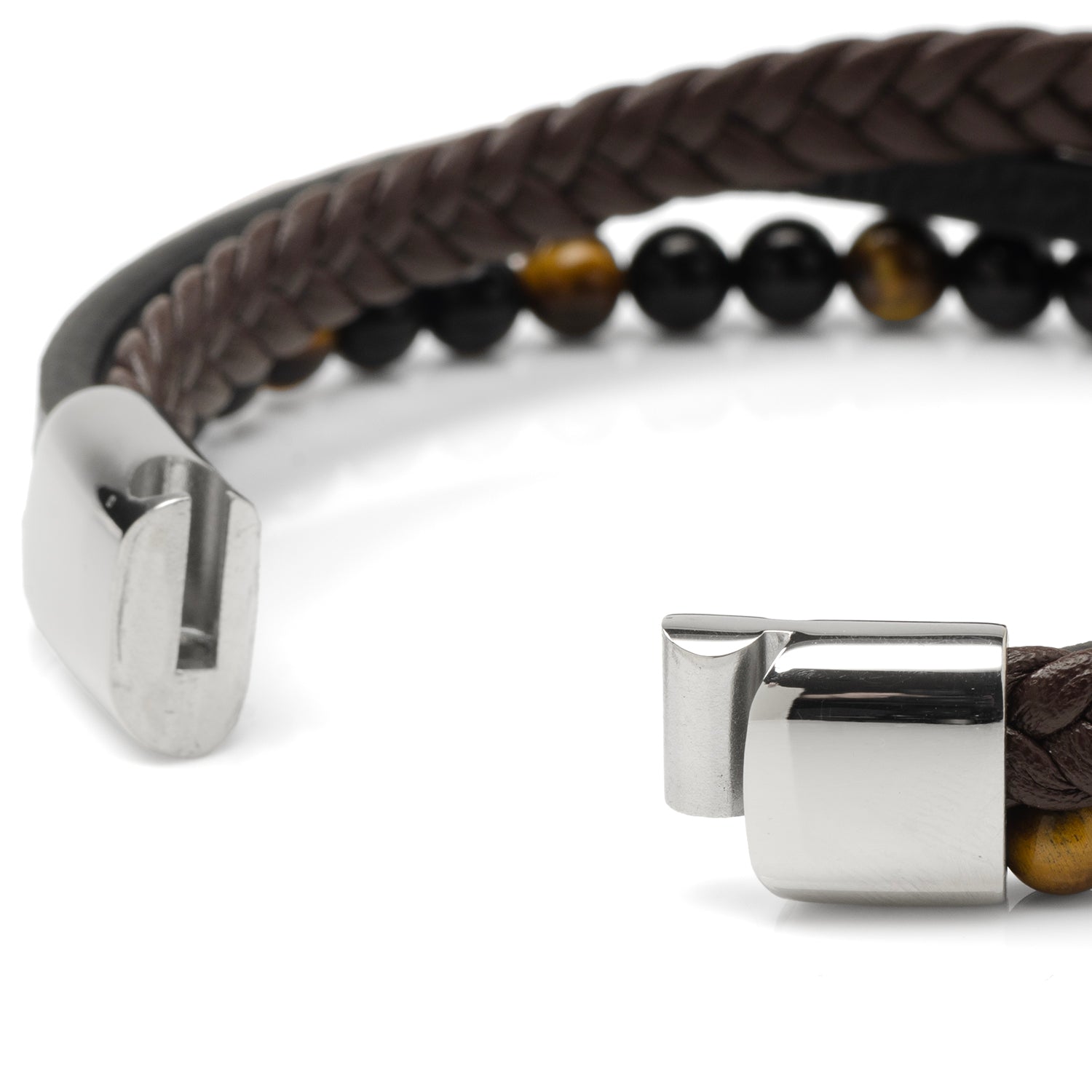 Stainless Steel Stacked Brown Leather Bracelet with Tigers Eye by Cufflinks.com