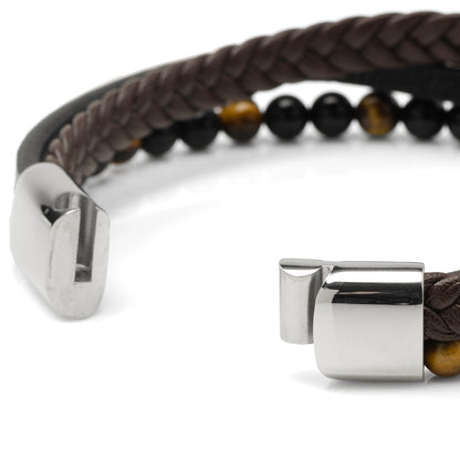 Stainless Steel Stacked Brown Leather Bracelet with Tigers Eye by Cufflinks.com