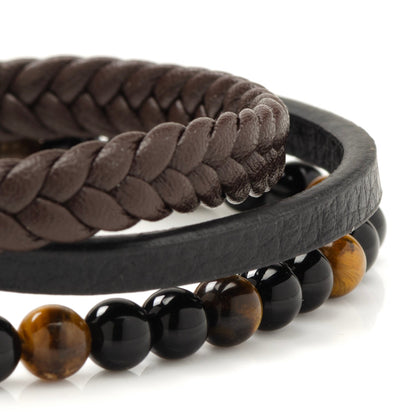 Stainless Steel Stacked Brown Leather Bracelet with Tigers Eye by Cufflinks.com