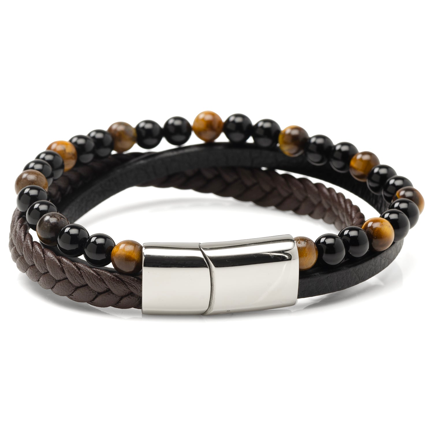 Stainless Steel Stacked Brown Leather Bracelet with Tigers Eye by Cufflinks.com
