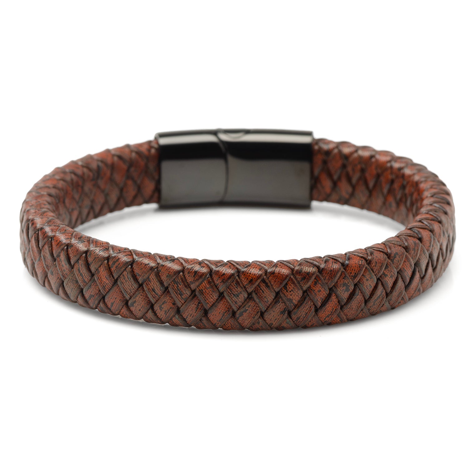 Red Brown Braided Leather Bracelet with Gunmetal Stainless Steel Magnetic Clasp by Cufflinks.com
