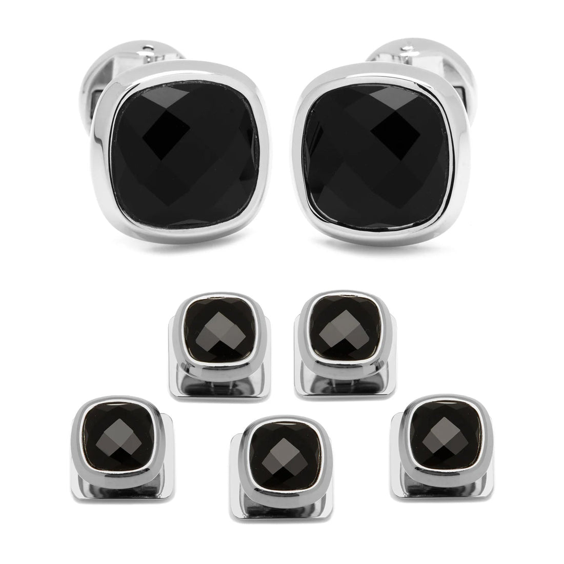 Faceted Onyx Cushion Stainless Steel 5-Stud Set by Cufflinks.com