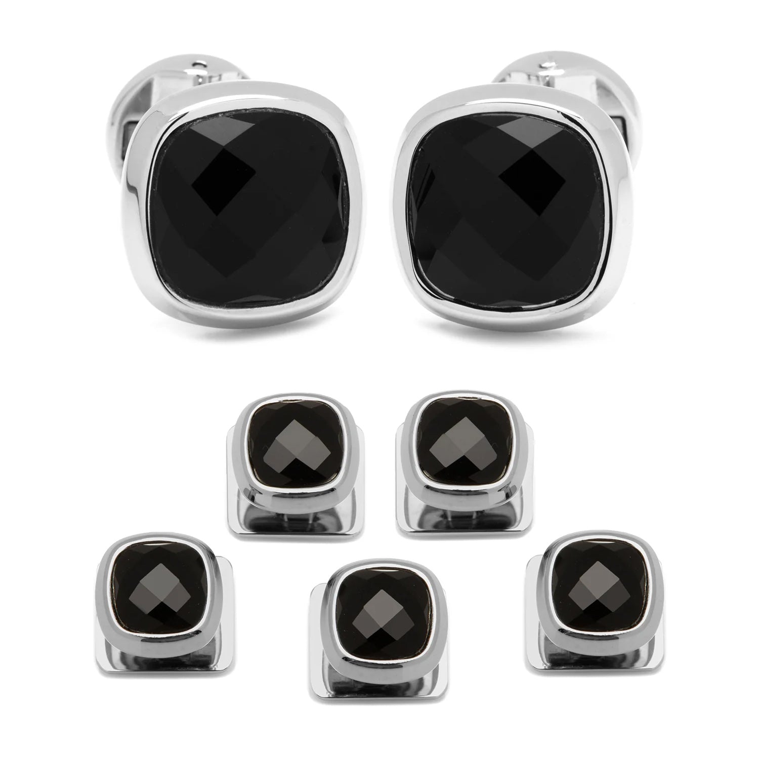 Faceted Onyx Cushion Stainless Steel 5-Stud Set by Cufflinks.com