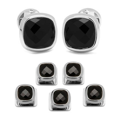 Faceted Onyx Cushion Stainless Steel 5-Stud Set by Cufflinks.com