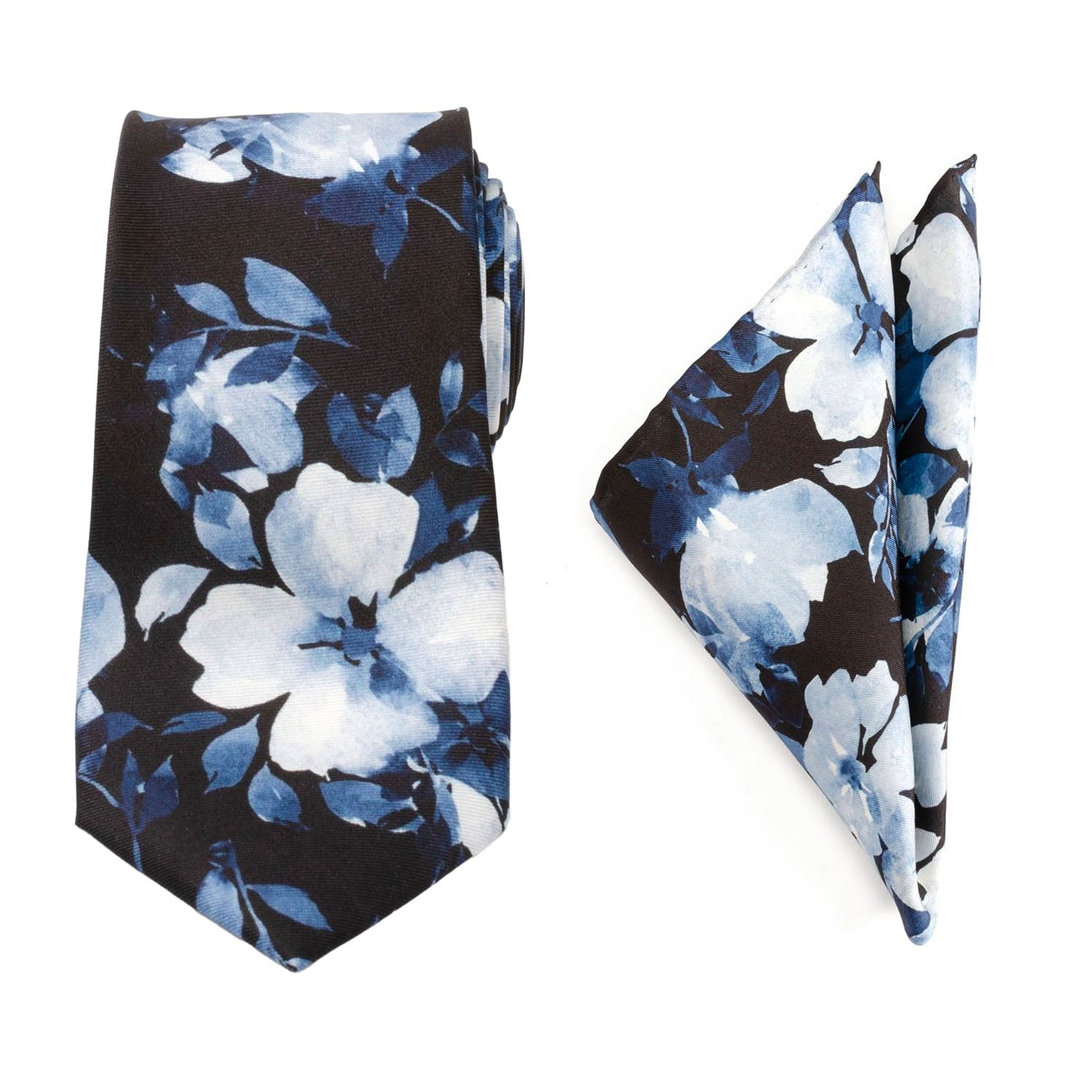 Painted Floral Blue Necktie and Pocket Square Gift Set by Cufflinks.com