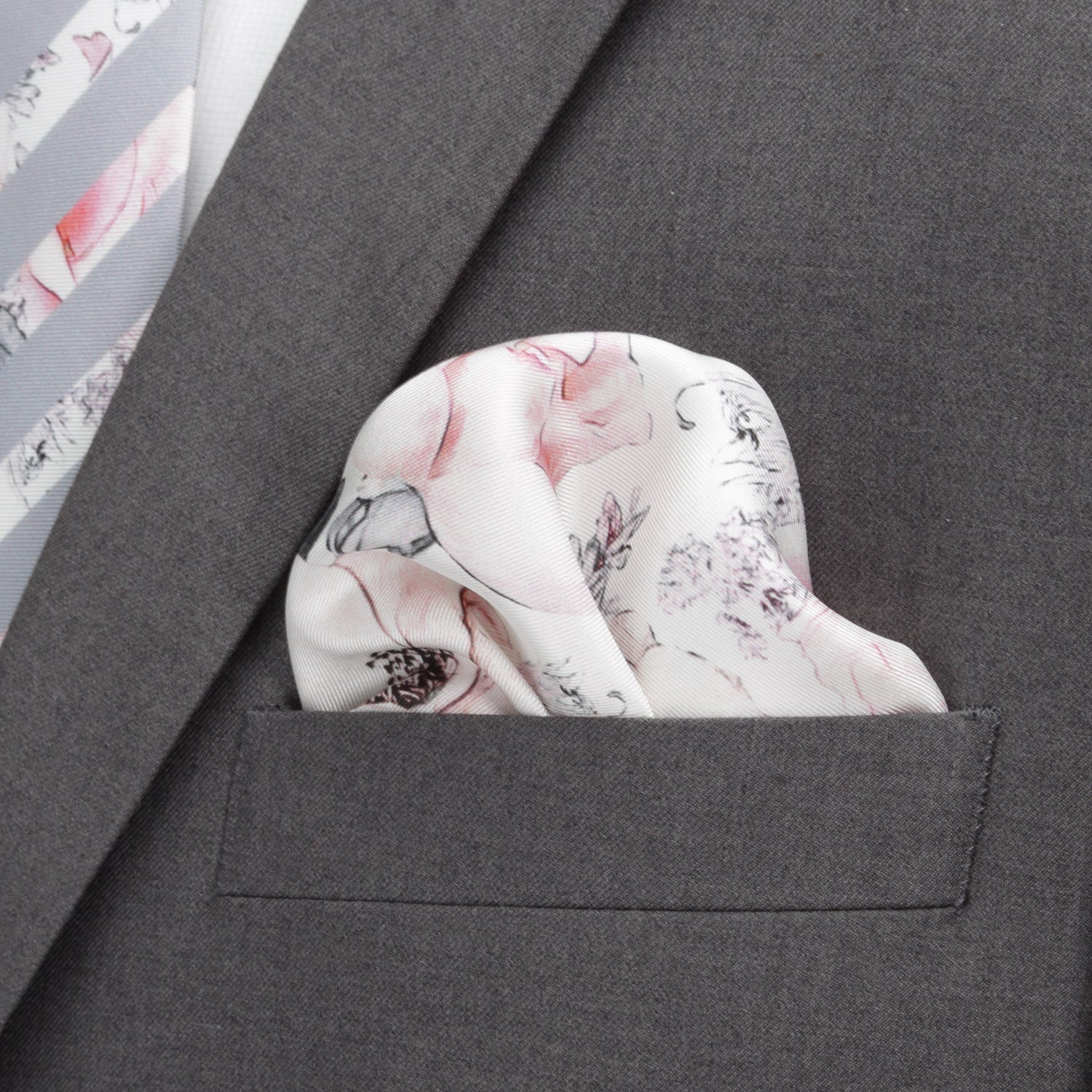 Painted Floral Gray Necktie and Pocket Square Gift Set