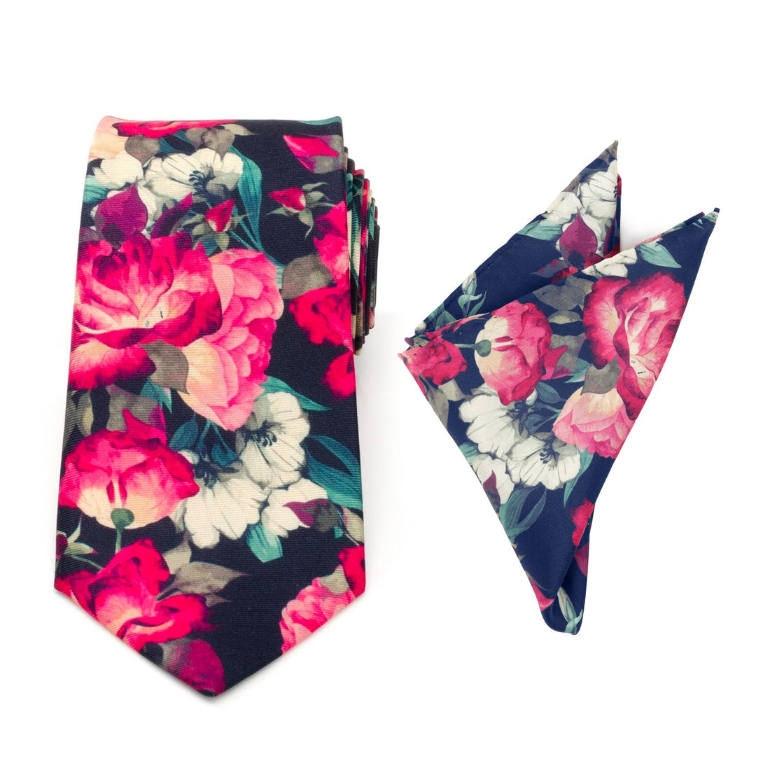 Painted Floral Navy Necktie and Pocket Square Gift Set by Cufflinks.com