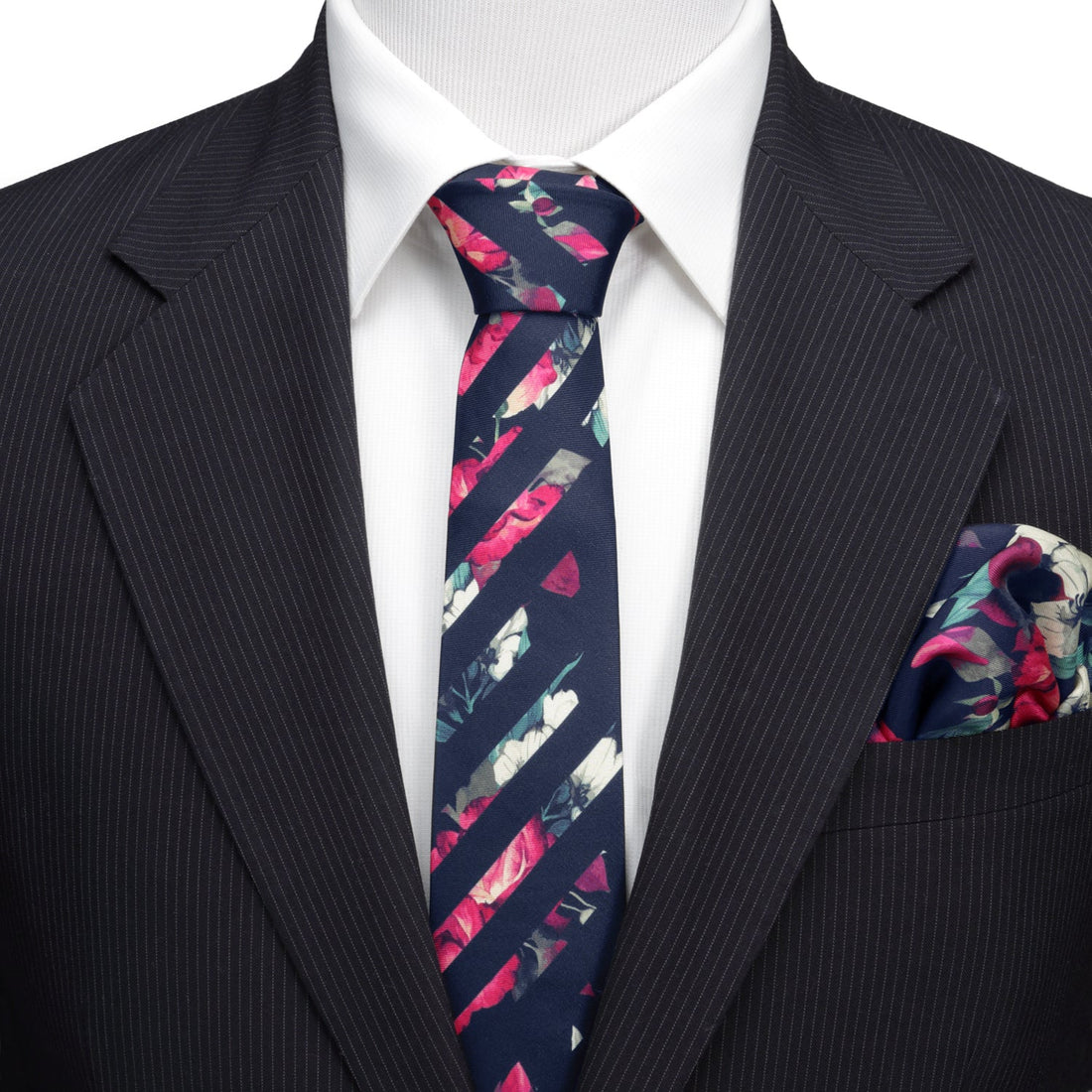 Painted Floral Navy Stripe Silk Men&
