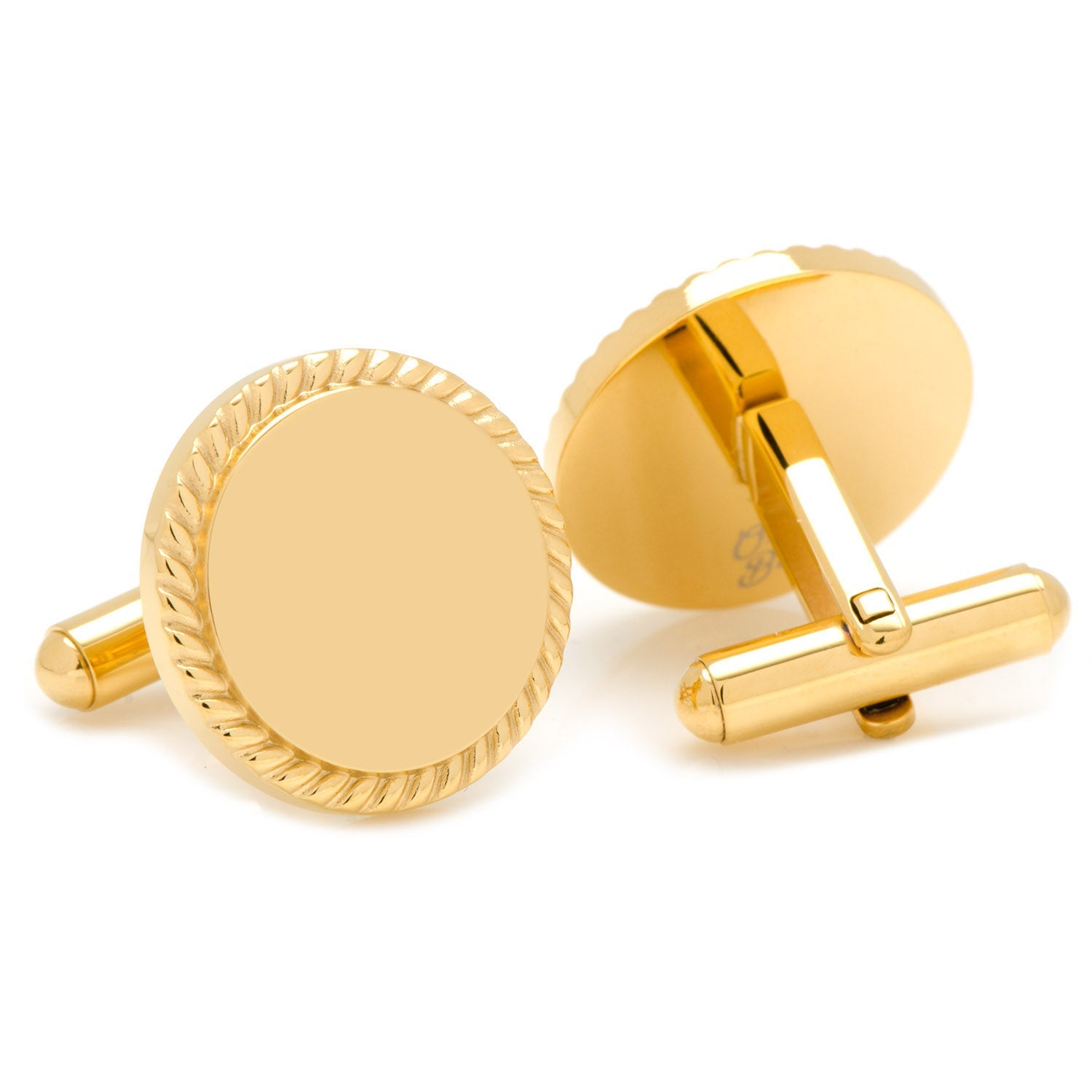 Engravable Gold Plated Rope Border Round Cufflinks and Tie Bar Gift Set by Cufflinks.com