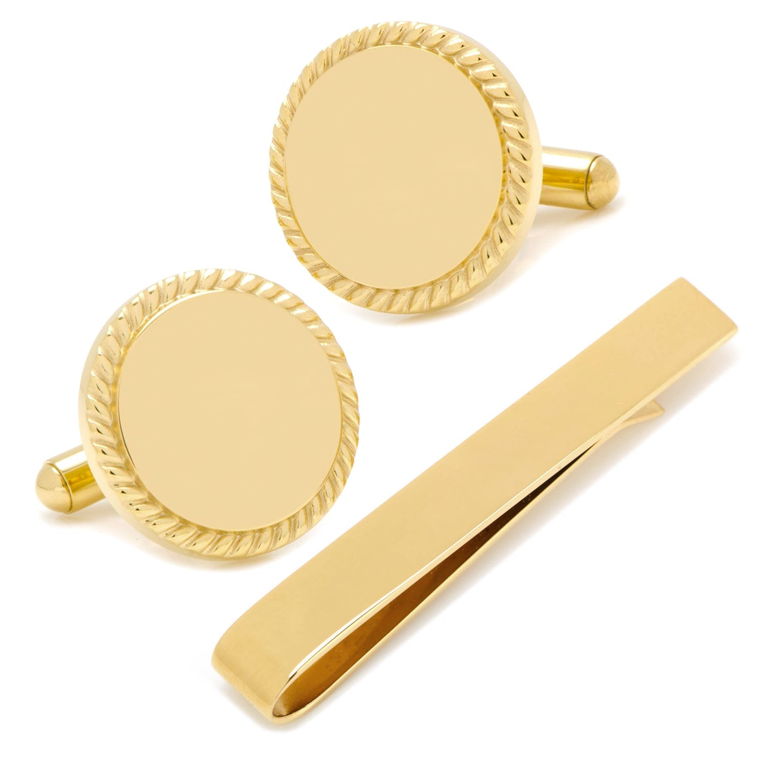 Engravable Gold Plated Rope Border Round Cufflinks and Tie Bar Gift Set by Cufflinks.com