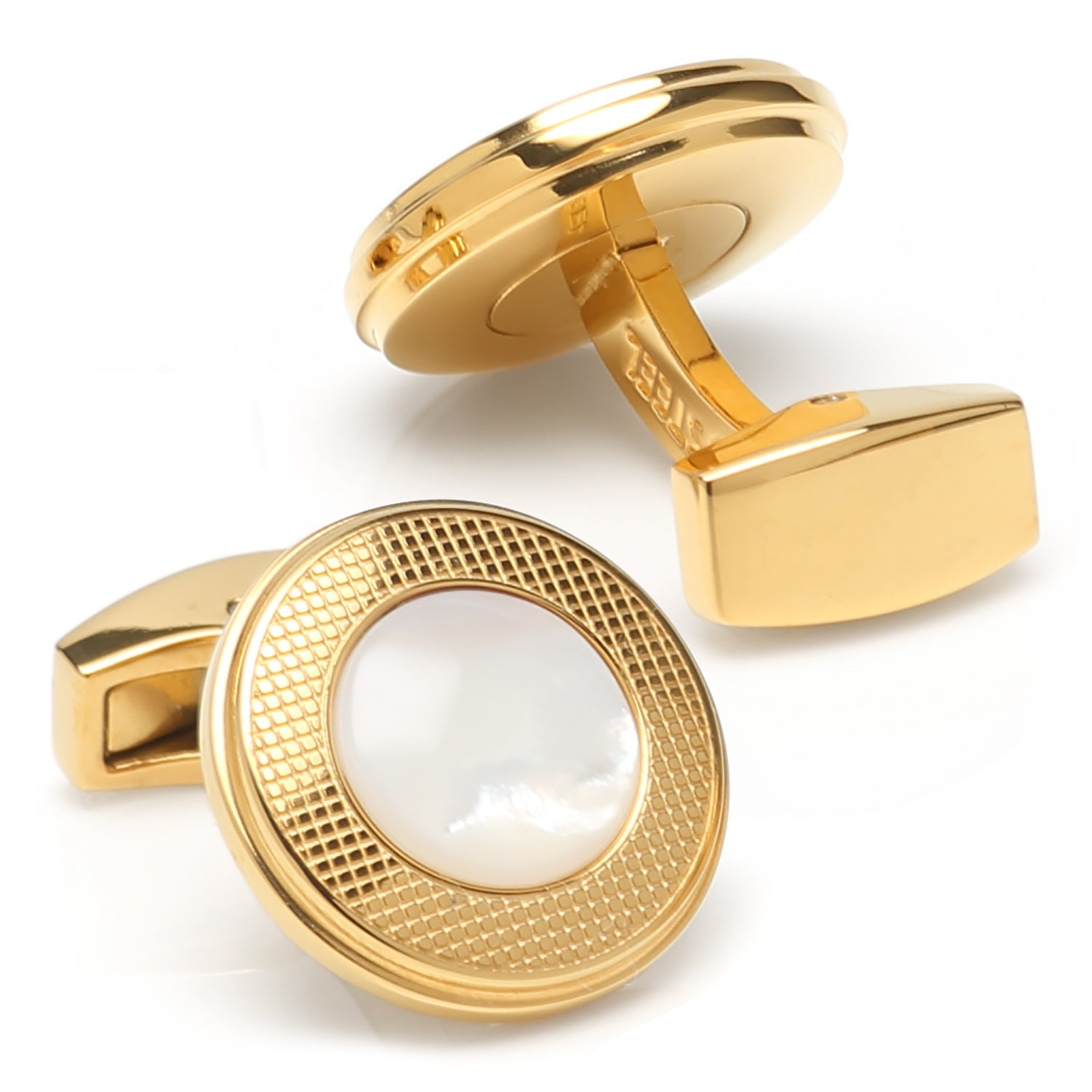 Mother of Pearl Round Gold Stainless Steel Cufflinks by Cufflinks.com