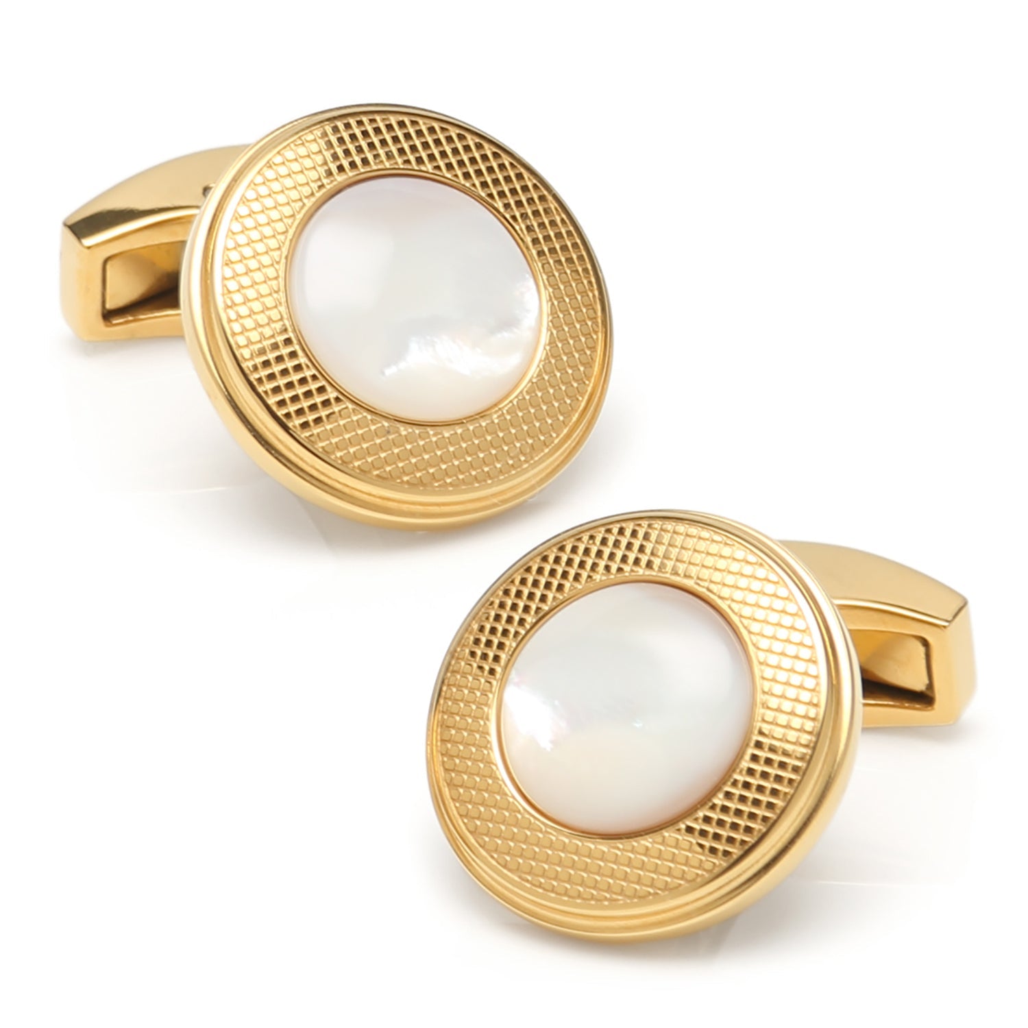 Mother of Pearl Round Gold Stainless Steel Cufflinks by Cufflinks.com