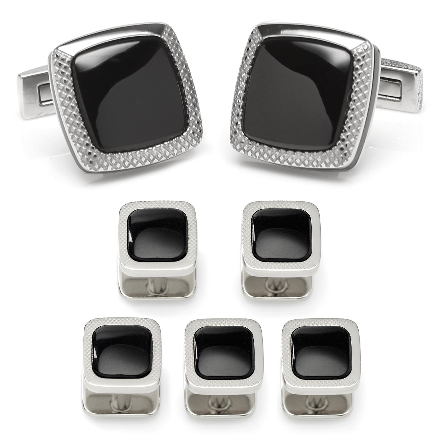 Onyx Cushion Stainless Steel 5-Stud Set by Cufflinks.com