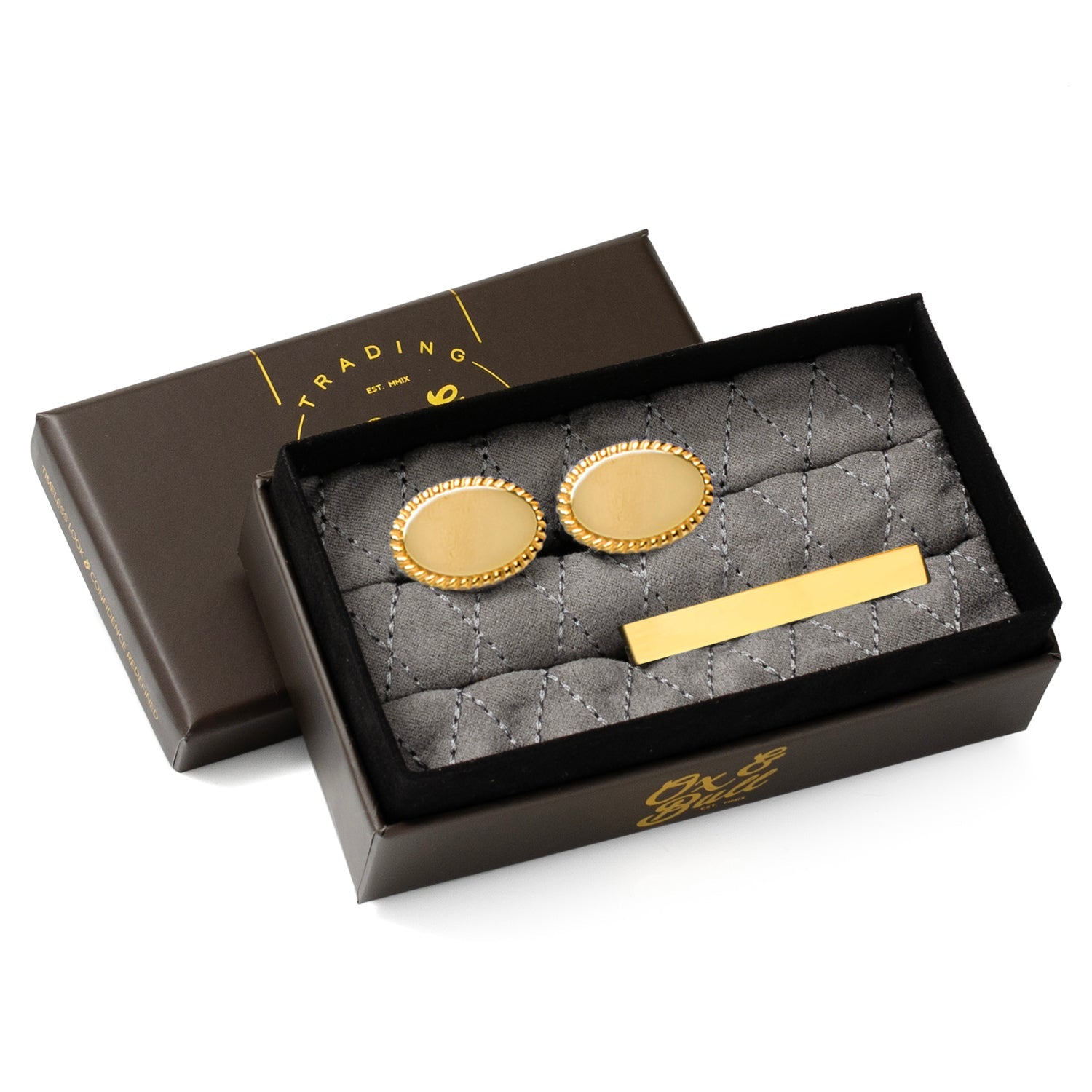 14K Gold Plated Rope Border Oval Cufflinks and Tie Bar Gift Set by Cufflinks.com