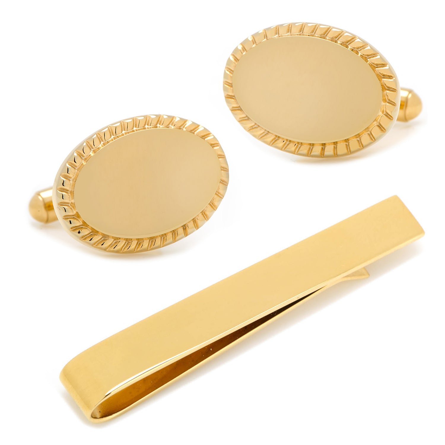 14K Gold Plated Rope Border Oval Cufflinks and Tie Bar Gift Set by Cufflinks.com