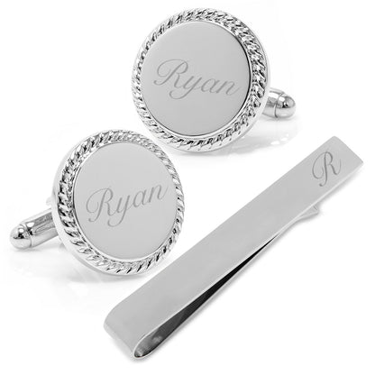 Engravable Rope Border Round Cufflinks and Tie Bar Gift Set