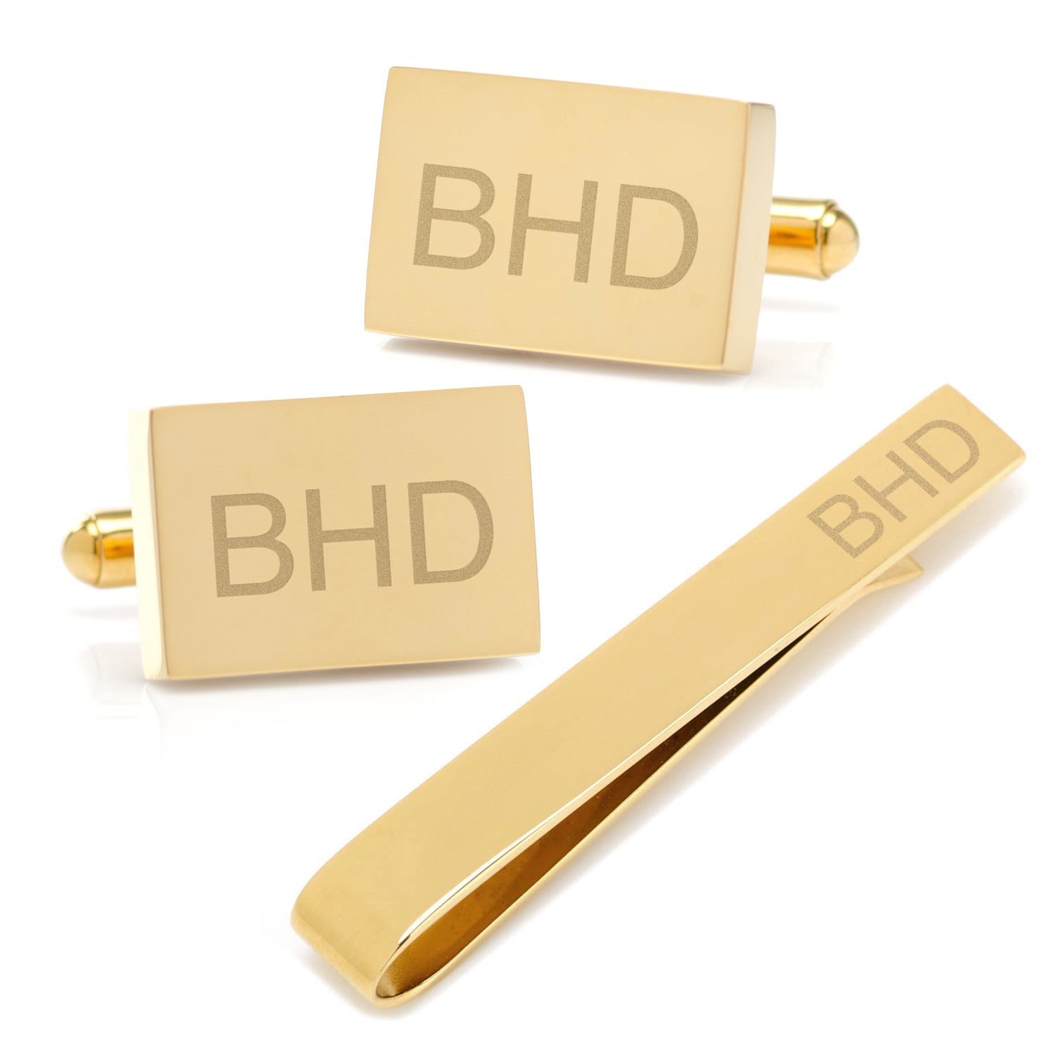 Engravable Rectangle Gold Cufflinks and Tie Bar Gift Set by Cufflinks.com