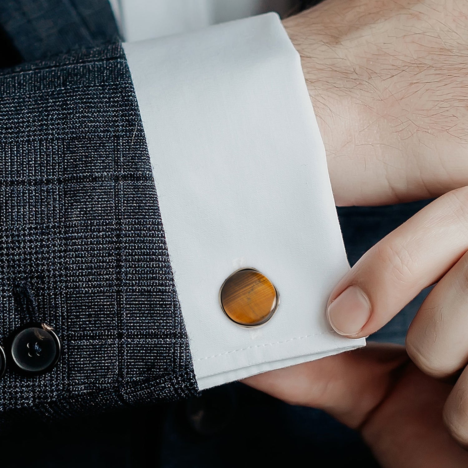 Sterling Silver Formal Tigers Eye Gunmetal Cufflinks by Cufflinks.com