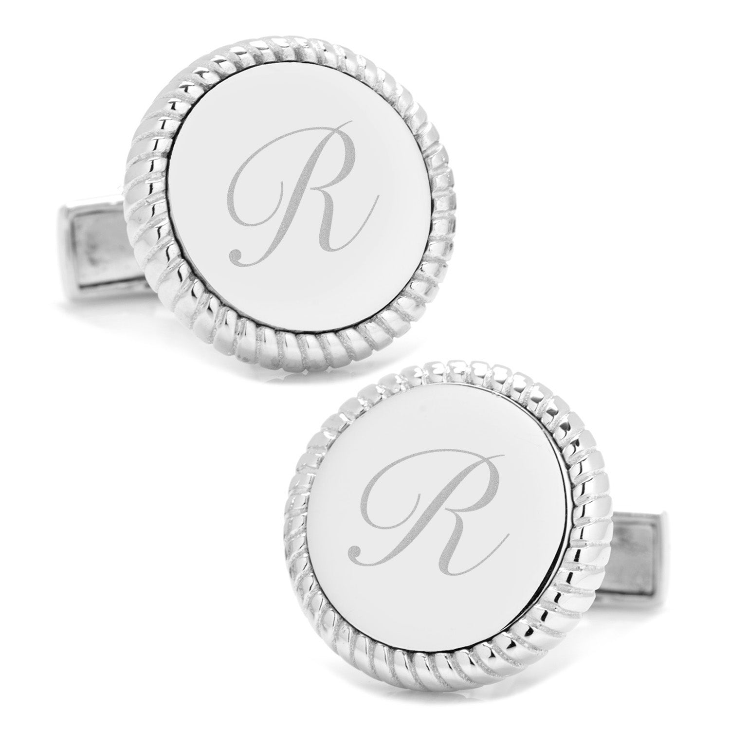 Sterling Silver Rope Border Engravable Round Cufflinks by Cufflinks.com