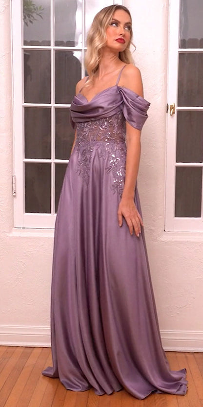 Ladivine OC012 Long Satin Off the Shoulder Gown by DiscountDressShop