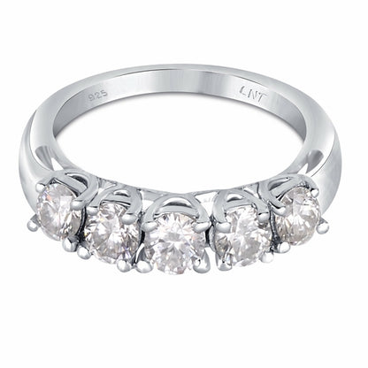 White Moissanite 5-Stone Ring Sterling Silver - Lab Grown Diamond Alternative Wedding Band