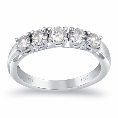 White Moissanite 5-Stone Ring Sterling Silver - Lab Grown Diamond Alternative Wedding Band