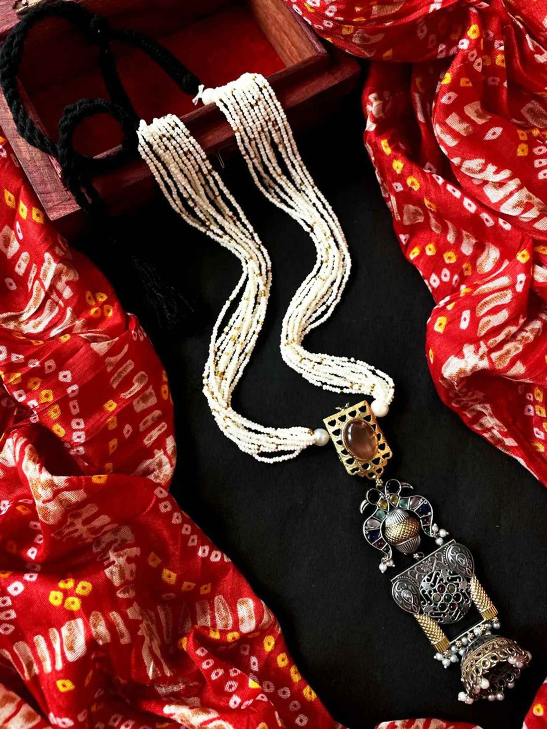 Joban Fashion Brown Brass Dual Tone Long Pendant Beaded Mala Necklace