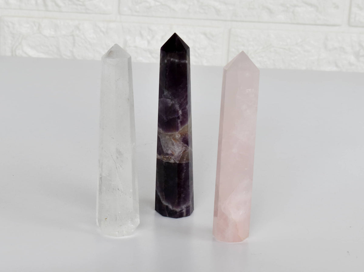 Pack of 3 Natural Crystal Tower Points, Genuine Quartz Crystal Wands  DestGlow