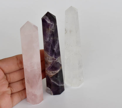 Pack of 3 Natural Crystal Tower Points, Genuine Quartz Crystal Wands  DestGlow