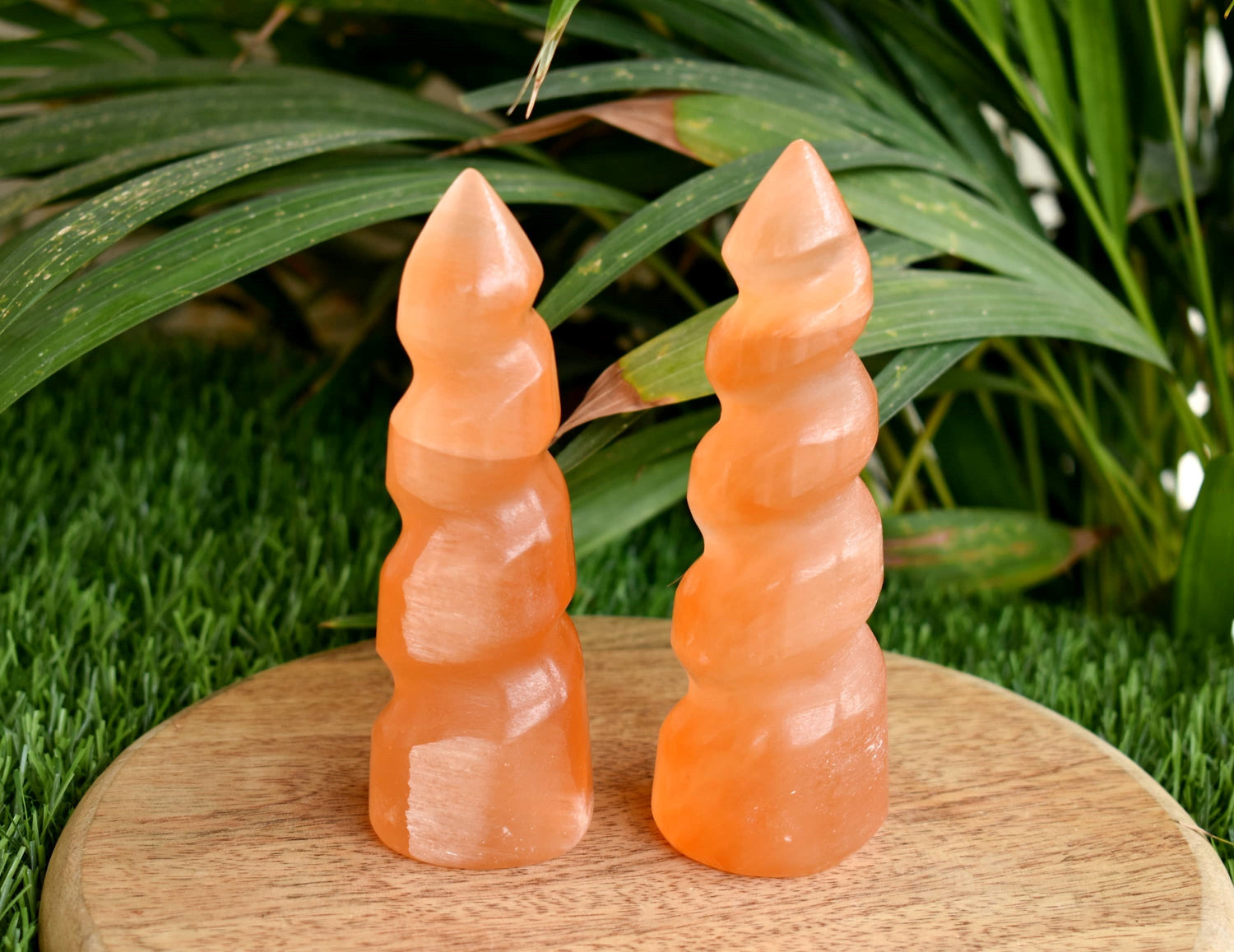 Orange Selenite Spiral Towers, Natural 4" Colored Crystal Swirl Point  DestGlow