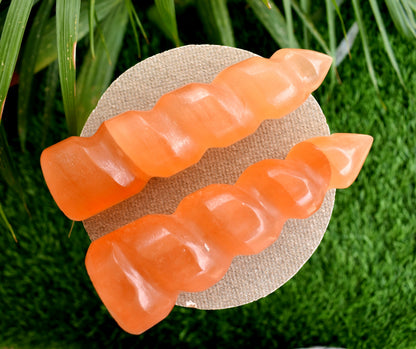 Orange Selenite Spiral Towers, Natural 4" Colored Crystal Swirl Point  DestGlow