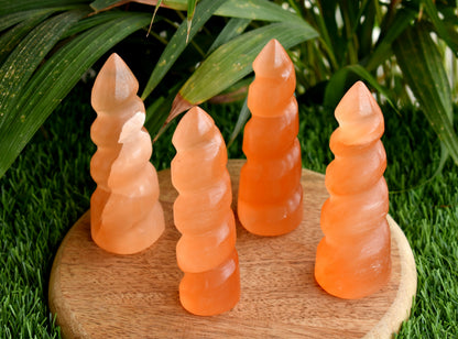Orange Selenite Spiral Towers, Natural 4" Colored Crystal Swirl Point  DestGlow