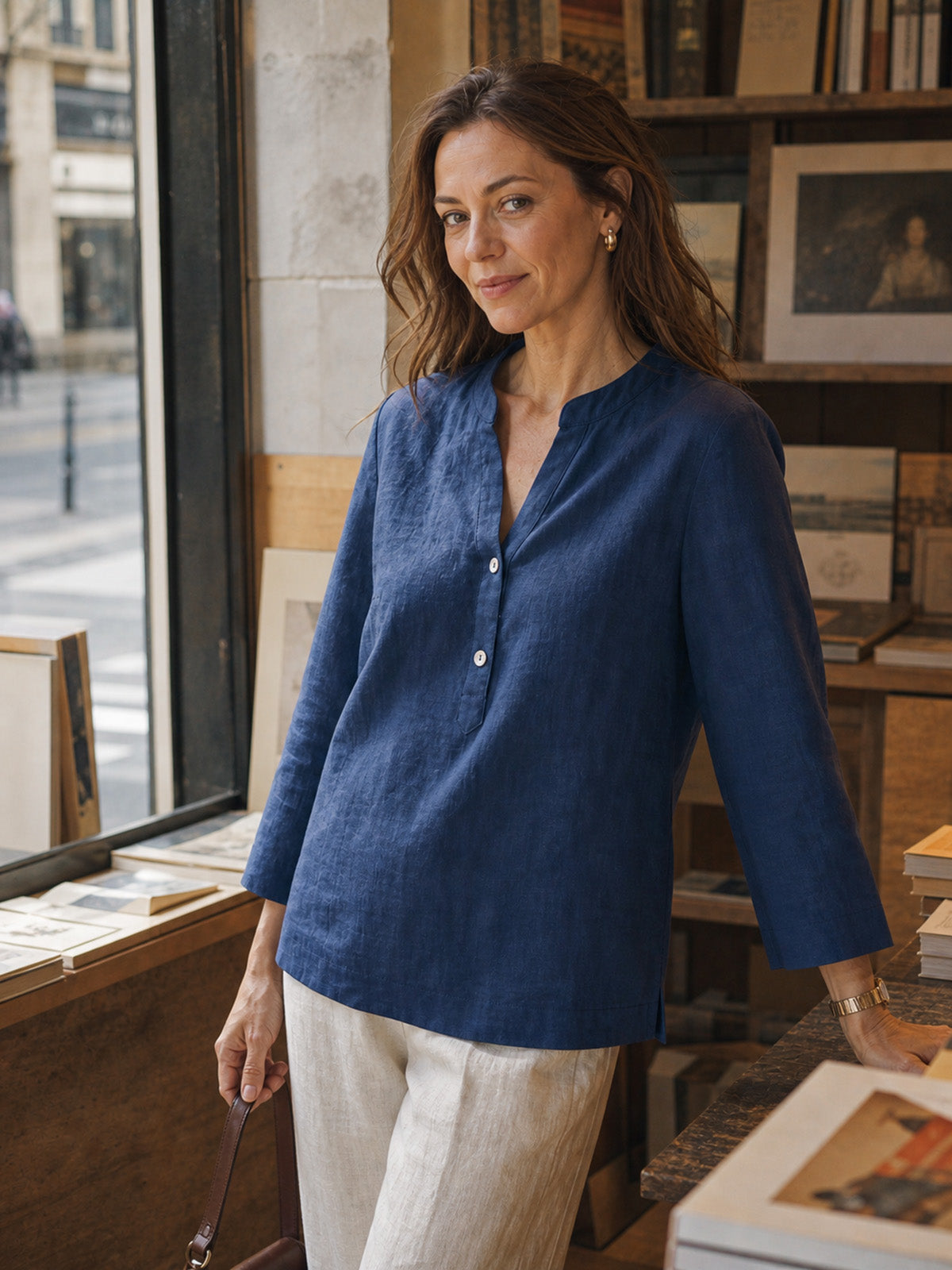 100% Linen Deep V-Neck Pullover with Button-Trim JOLYNE  DestGlow