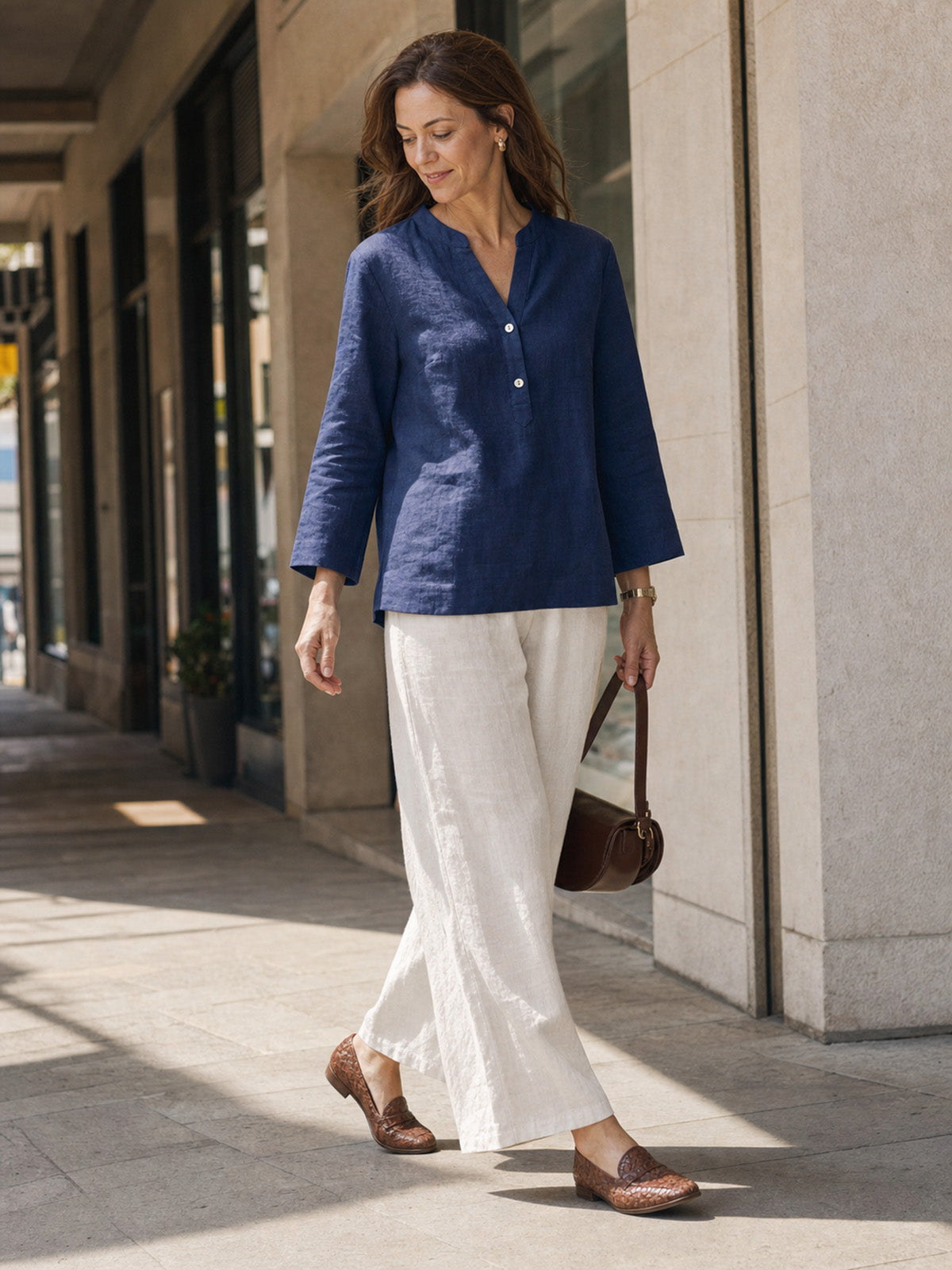 100% Linen Deep V-Neck Pullover with Button-Trim JOLYNE  DestGlow