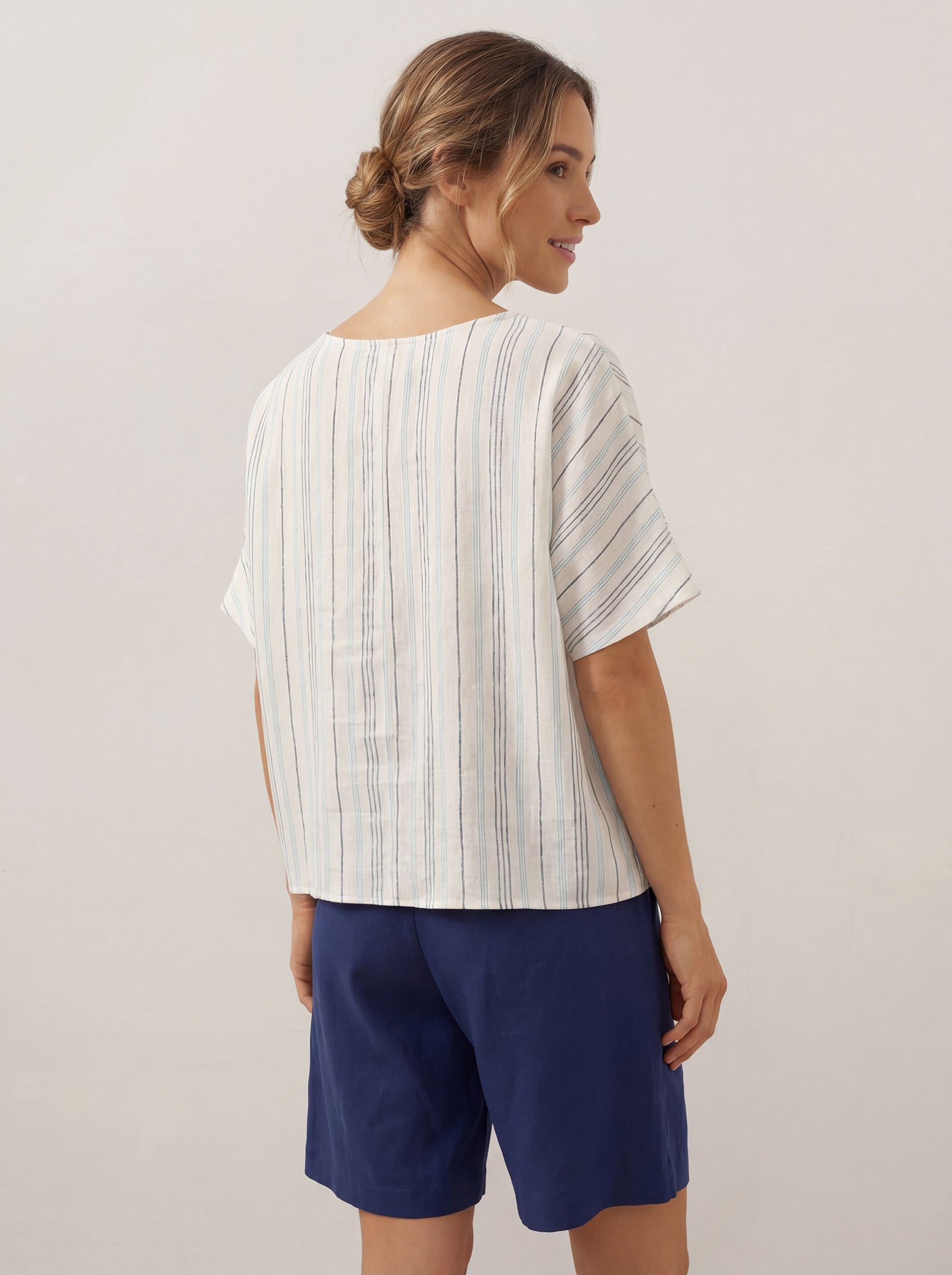 100% Linen Pleated Striped Pullover Top VIA by LINTICO