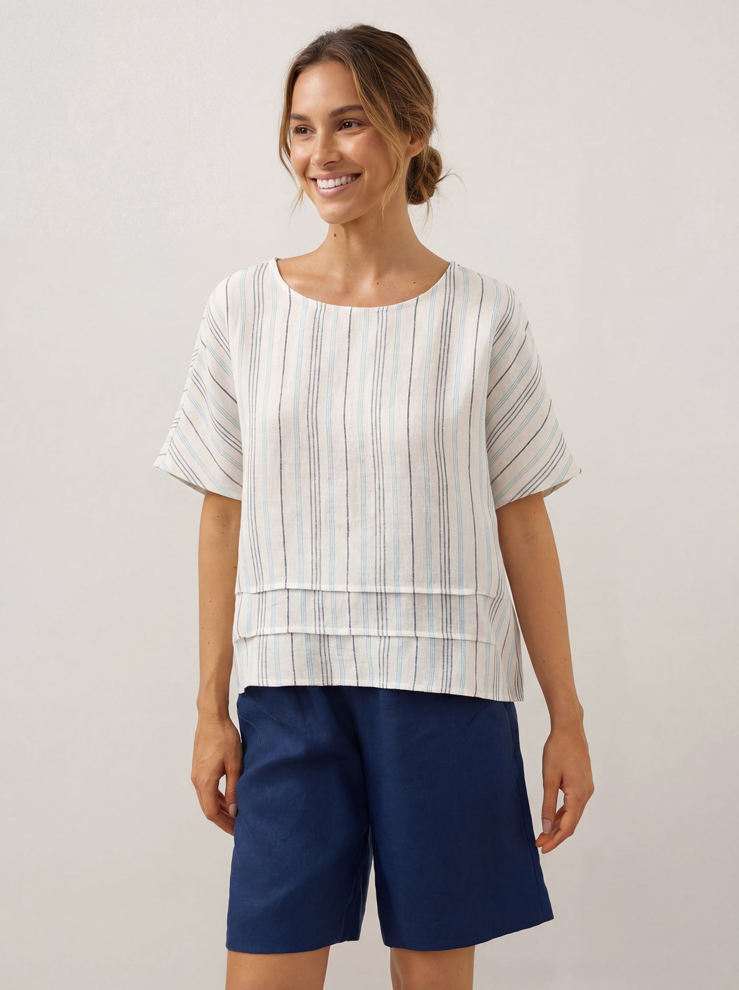 100% Linen Pleated Striped Pullover Top VIA by LINTICO