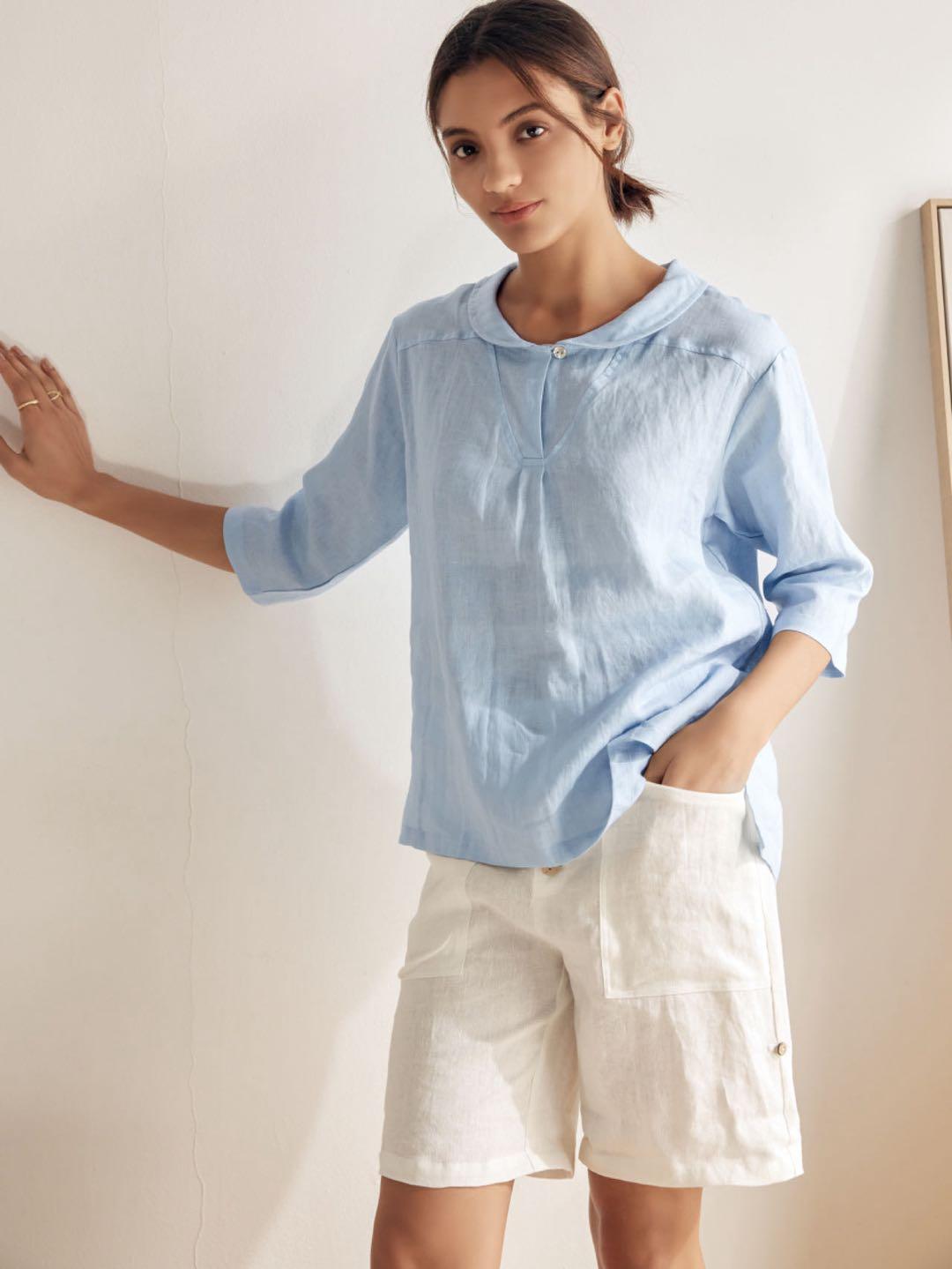 100% Linen Shawl V-Neck Half Sleeve Top JADE by LINTICO