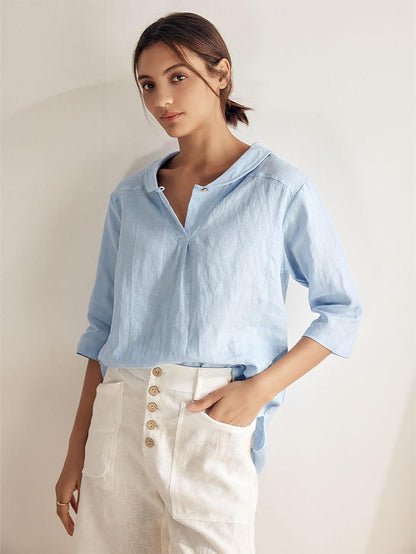 100% Linen Shawl V-Neck Half Sleeve Top JADE by LINTICO