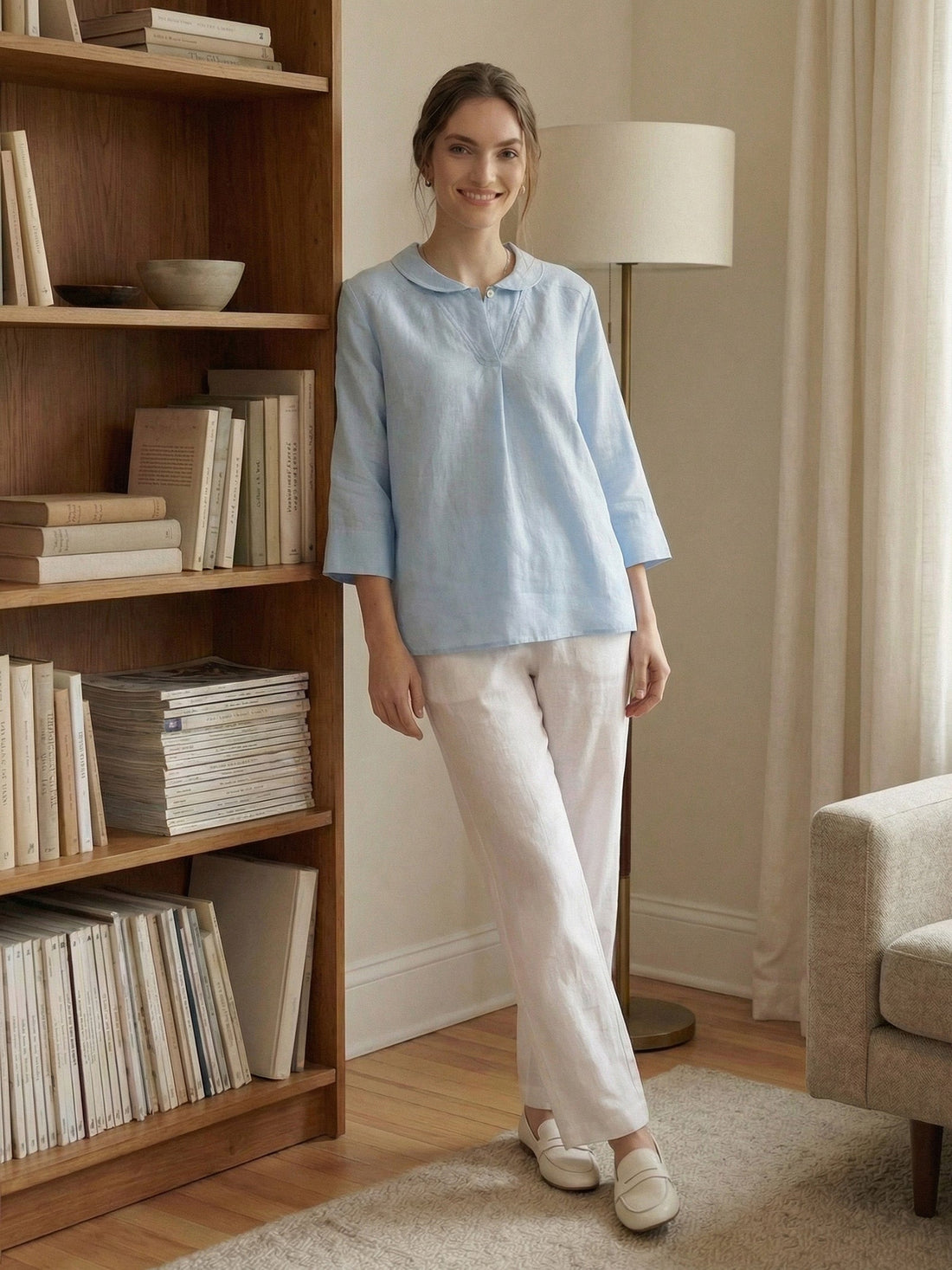 100% Linen Shawl V-Neck Half Sleeve Top JADE  DestGlow