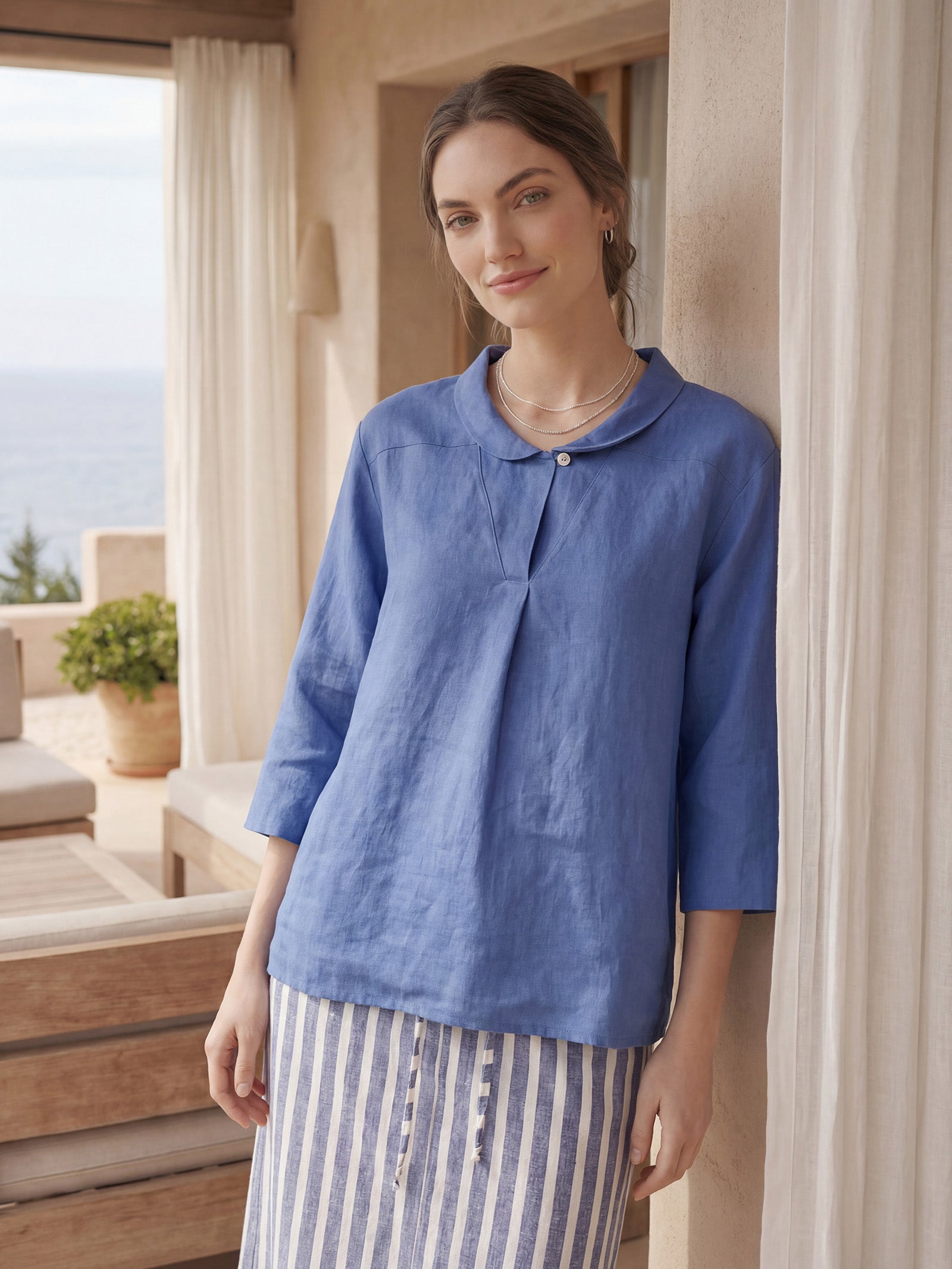 100% Linen Shawl V-Neck Half Sleeve Top JADE by LINTICO